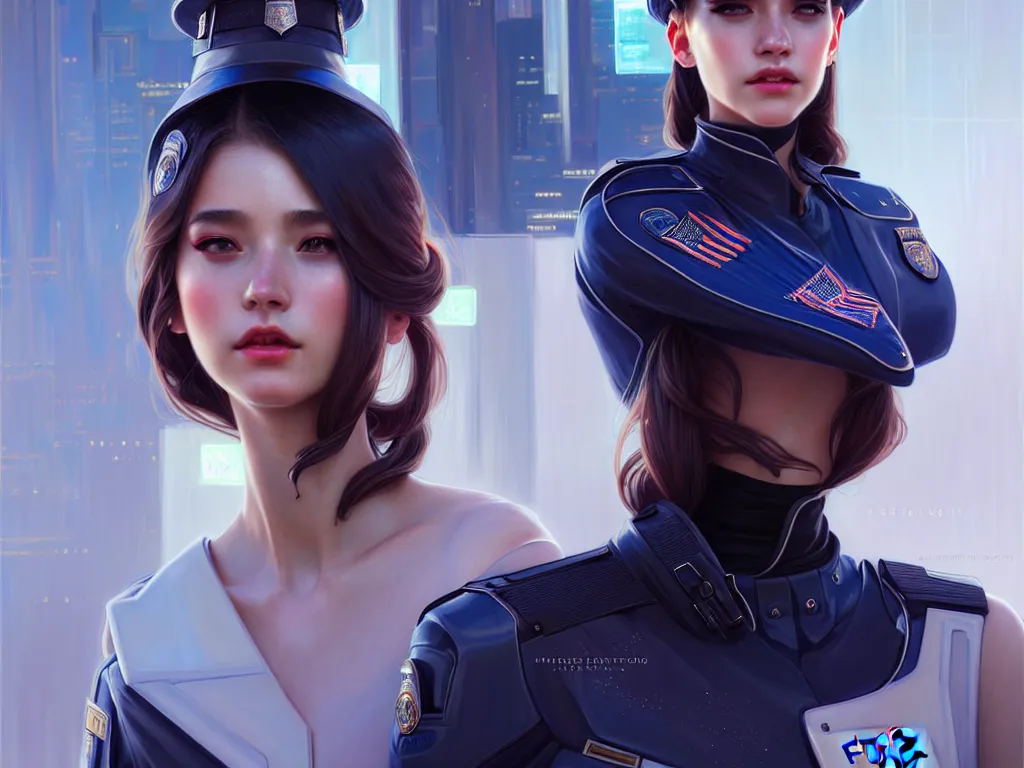 Image similar to portrait futuristic usa police uniform girl, at future neon light rooftop, ssci - fi and fantasy, intricate and very very beautiful and elegant, highly detailed, digital painting, artstation, concept art, smooth and sharp focus, illustration, art by tan zi and ayanamikodon and alphonse mucha and wlop