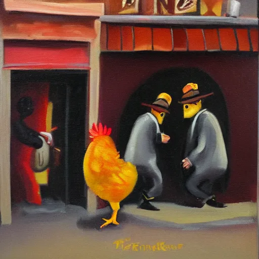 Image similar to the funky chicken gets thrown out of a bar. oil painting in the style of vermeers