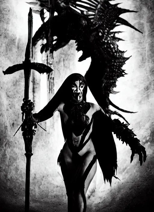 Prompt: black and white movie frame with Monica As egiptian priest, fight with glowing spear , looks directly at camera, vertical composition, inspired by monster hunter and dark fantasy and fashion, beautiful body, clean brutal blooded symmetrical face, brutal bloody and sluty make up, epic,dramatic lighting, cinematic, establishing shot, extremely high detail, photorealistic, brutal, provocative , cinematic lighting, artstation, octane render, dark fantasy ,old photo, waist up, vintage, black and white, Boris vallejo, sepia, old photography, documentary photography