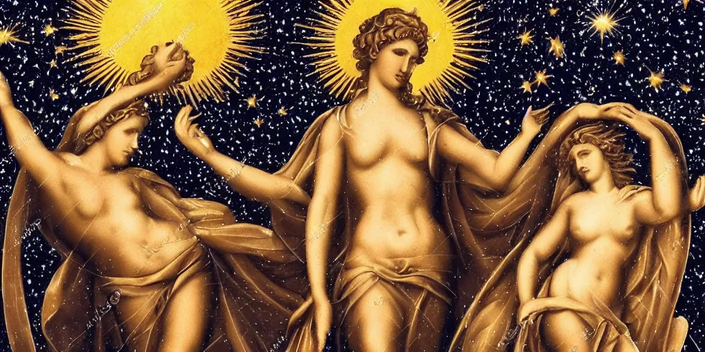 Image similar to majestic holy neorococo sistina saint Woman Venus godness Athena beautiful gracious pagans marble and gold in space stars clouds doves suns greeks war and peace trinity