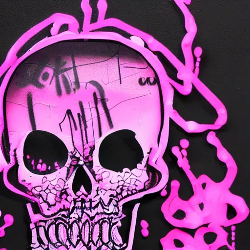 Prompt: a 3 d wireframe pink cartoon skull spray painted on a black background with dripping pink spray paint, three fourths view, graffiti, black background!!!!!, outline