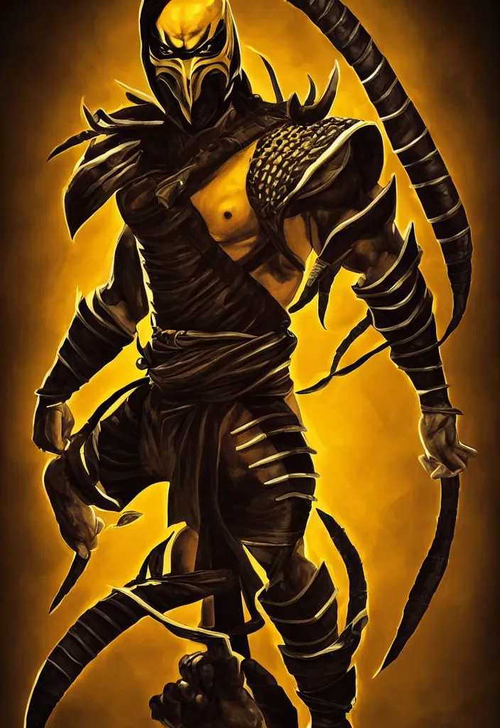 Image similar to full body, full figure portrait of hanzo hasashi scorpion from mortal kombat in the sky, full body shot, camera pulled back far, highly detailed dramatic lighting, artstation, atmospheric perspective, artgerm, mk ninja, epic yellow tight ninja suit, intense contrast, 3 light sources, by lee bermejo, alphonse mucha and greg rutkowski