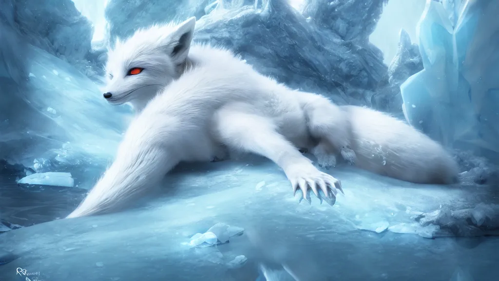 Image similar to white - haired anime fox lizard frozen in an ice floe, intricate, highly detailed, smooth, wide shot, artstation, digital illustration by ruan jia