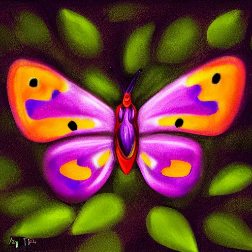 Prompt: A glowing butterfly on a flower, delicate and beautiful, digital painting, no blur, close up, details, sharp focus, by Alayna Danner