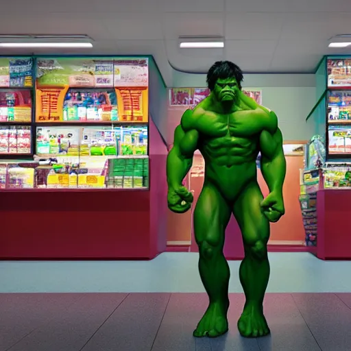 Image similar to the incredible hulk working as a 7/11 cashier and wearing a uniform, macro, wide shot, dramatic lighting, octane render, hyperrealistic, HD