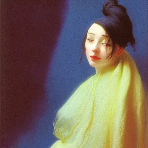 Image similar to a young woman's face, her hair is white and she wears an indigo blue satin cloak, by ivan aivazovsky and syd mead and moebius and gaston bussiere and roger dean and pieter claesz and paul delaroche and alma tadema and aelbert cuyp and willam claesz, hyperrealistic, volumetric light, octane render