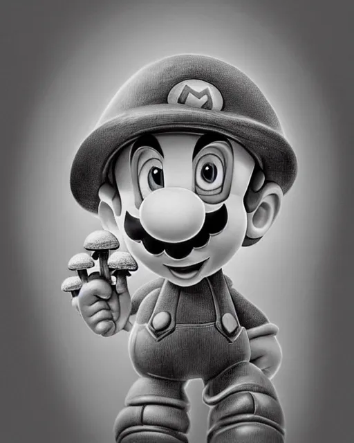 Image similar to mario with mushrooms, hyper realism, fine details, deviantart artstation, extremely detailed, black and white, very sharp, in the style of albrecht durer