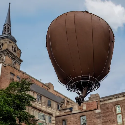 Prompt: a brown blimp flying in a steampunk city