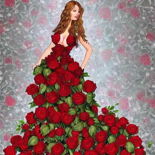 Prompt: full body image of a beautiful woman covered in ivy and red roses, ornate gown standing in a bed of roses, rim light, dynamic lighting, etherial lighting, ultra detail, concept art, elegant, surreal, illustration by lisa aisato