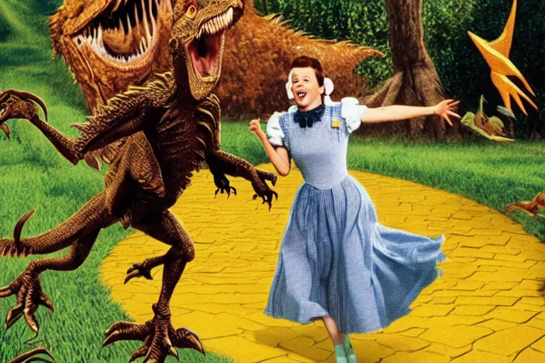 Image similar to Dorothy from the wizard of oz being chased down the yellow brick road by a velociraptor