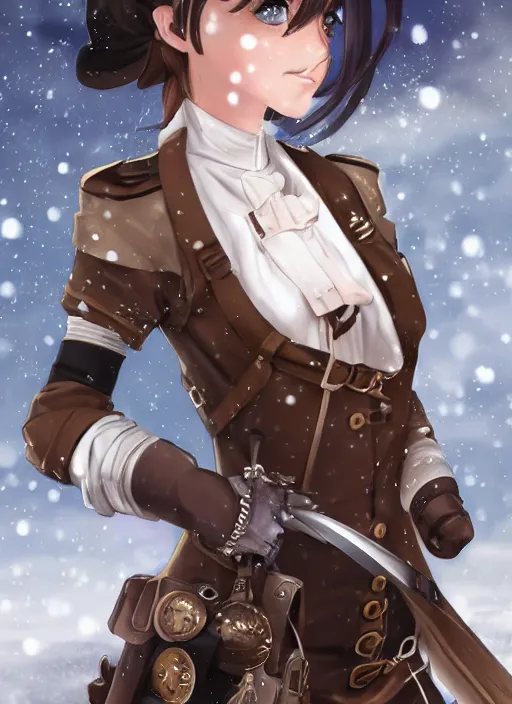 Image similar to girl with steampunk weapons and uniform, serious, intense, finely detailed, made by artgerm, full body portrait, illustration, snow, snowing, cloudy, anime, side view, perfect anime face, realistic face, zoomed out, smooth, brown eyes, high waisted shorts, sharp focus, key visual of your name