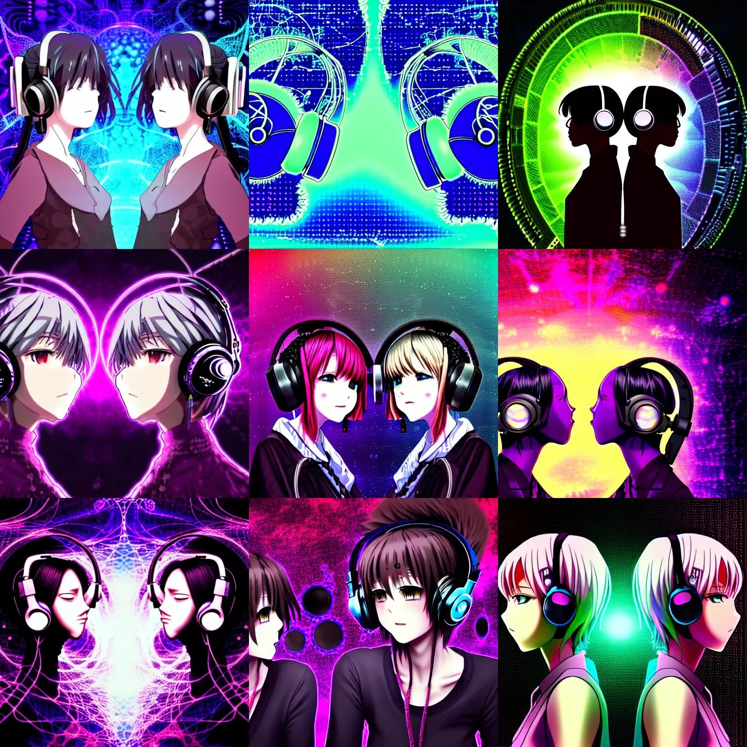 Prompt: two lesbian anime girls wearing headphones, esoteric fractal mandelbrot background, dark and gothic, intricate, somber, in the style of desmond paul henry, opengl, stylized, japanese, artstation, highly detailed, noisy and glitched, signal interference, resonant, vhs glitch, expired film, amazing composition, 4 k