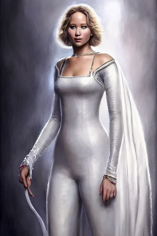 Image similar to Jennifer Lawrence as Queen wearing a White Outfit, anatomy, only two hands, highly detailed, digital painting, artstation, concept art, smooth, sharp focus, illustration, Unreal Engine 5, 8K, art by art by artgerm and greg rutkowski and edgar maxence