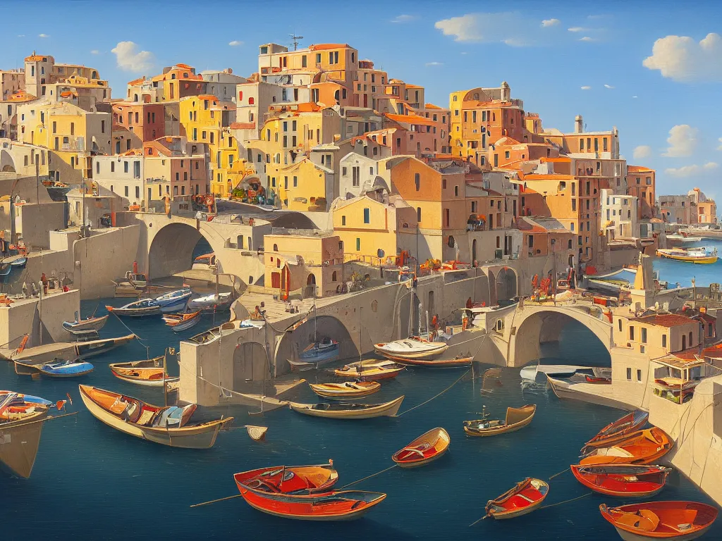 Prompt: A detailed oil painting of a beautiful Italian coastal town, bridge, boats, by Michiel Schrijver, isometric