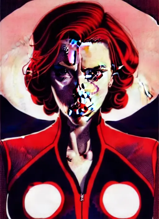 Image similar to rafeal albuquerque comic art, joshua middleton comic art, cinematics lighting, night time, pretty scarlett johansson black widow, big smirk, symmetrical face, symmetrical eyes, long red hair, full symmetrical body, flying in the air, jumping off rooftop