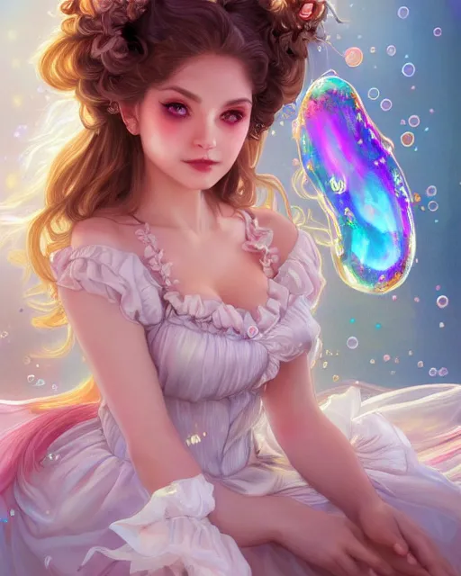 Prompt: portrait of magical lolita girl, dreamy and ethereal, expressive pose, big gold eyes, exciting expression, fantasy, intricate, elegant, many rainbow bubbles, rose tones, highly detailed, digital painting, artstation, concept art, cyberpunk wearing, smooth, sharp focus, illustration, art by artgerm and greg rutkowskiand alphonse mucha