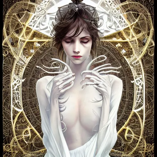 Prompt: a photograpic portrait of a anthropomorphic spider wearing white clothes, fantasy, intricate, elegant, highly detailed, digital painting, artstation, concept art, smooth, sharp focus, illustration, art by artgerm and H R Giger and alphonse mucha