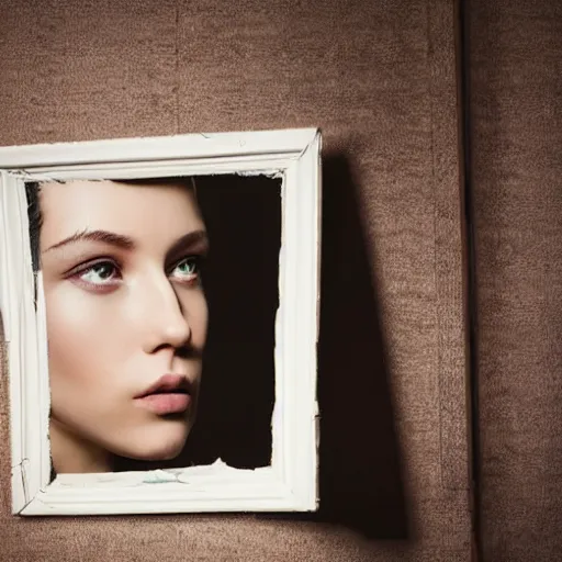 Image similar to masterpiece portrait of a beautiful woman looking at her reflection in front of a cracked mirror, beautiful face, fashion photography, elegant furniture, cracked reflection, mirror, cracks