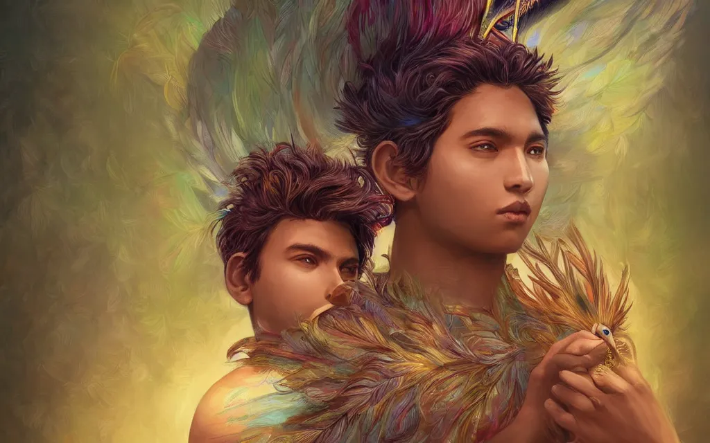 Prompt: highly detailed portrait of the supreme personality of god as a single most beautiful male child with a dark complexion and playing an indian flute and sitting on a peafowl, in the style of charlie bowater, epic lighting, vibrant colours and beautiful light, very coherent, trending on artstation