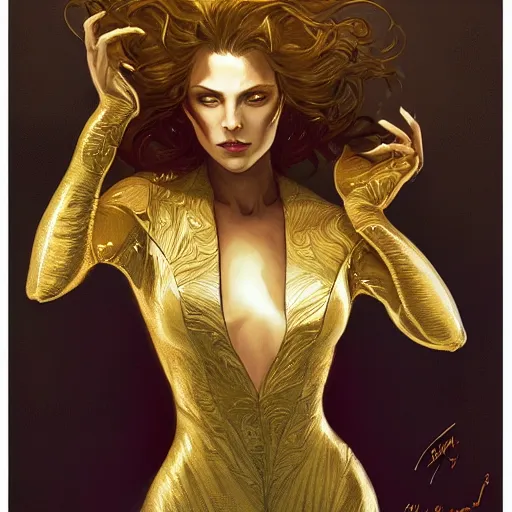 Image similar to Sandman with a gold suit, portrait, intricate, elegant, highly detailed, digital painting, artstation, concept art, smooth, sharp focus, illustration, art by artgerm and greg rutkowski and alphonse mucha