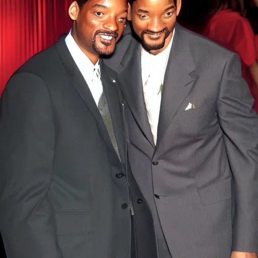 Prompt: fox mulder posing with will smith at an awards show red carpet