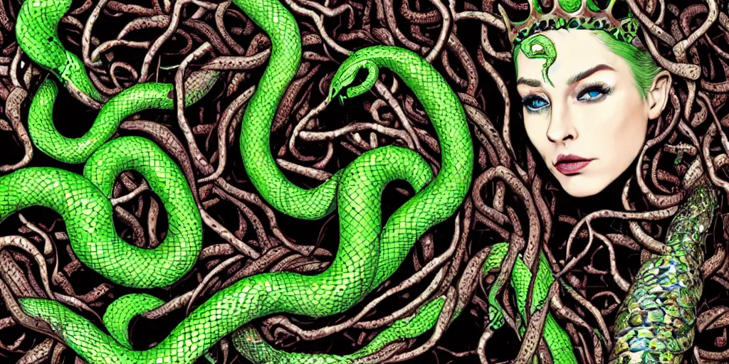 Prompt: queen of snakes, rotting crown of vines, detailed face, piercing green eyes and blue skin