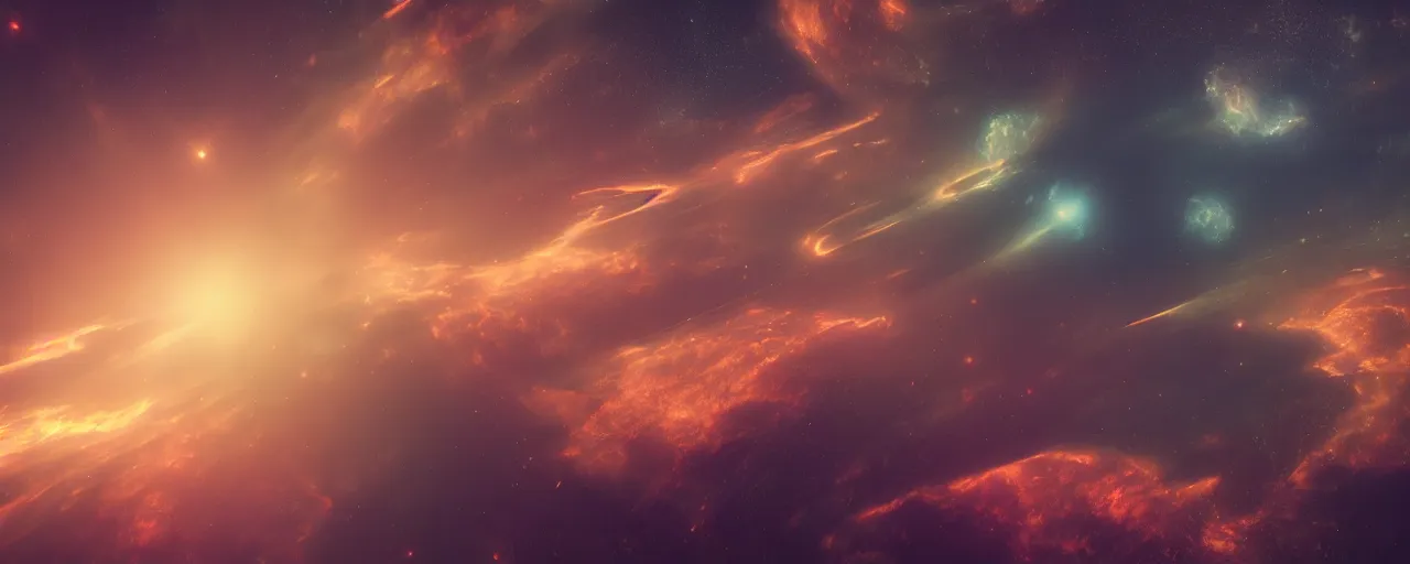 Image similar to warm smooth colours, cinematic render of atmospheric deep space, volumetric lighting, cathrin machin