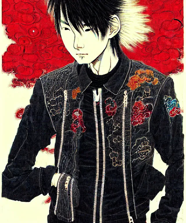 Prompt: a portrait of a smirking young japanese man, his hair is messy and unkempt, he is wearing an embroidered leather jacket, a masterful and highly - skilled full color illustration by otomo katsuhiro, terada katsuya and kim jung gi!!!, realistic proportions and anatomy