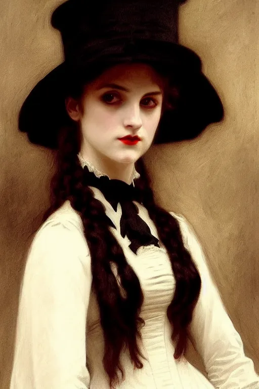 Image similar to victorian vampire in a big black hat, white dress, painting by rossetti bouguereau, detailed art, artstation