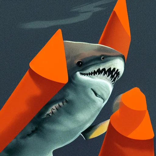 Prompt: great white shark with an orange traffic cone orange traffic cone orange traffic cone instead of a fin - ron cheng & alphonse mucha, highly detailed, digital painting, ray tracing, concept art, illustration, smooth sharp focus, intricate, symmetry, artstation,