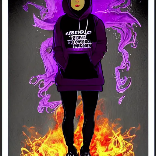 Image similar to poster artwork, sci fi, a female, full body, black hoodie techie, black hair with purple streaks, 8 k