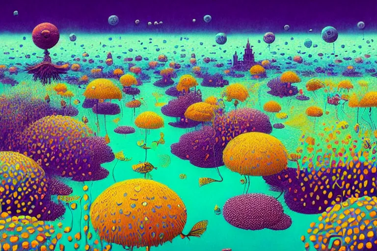 Image similar to surreal glimpse into other universe, new york under the sea, summer morning, very coherent and colorful high contrast, art by!!!! gediminas pranckevicius!!!!, geof darrow, floralpunk screen printing woodblock, dark shadows, hard lighting, stipple brush technique,