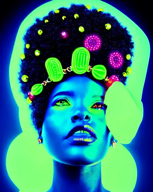 Prompt: afro futuristic portrait of a black woman. vivid neon lighting, colors. fashionable jacket, necklace. cyberpunk style, wearing a crown of blue crystals and diamond studs in the cosmos by manzel bowman