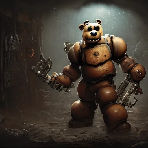 Image similar to cute little anthropomorphic Freddy (Five Nights at Freddy's) in Gears of War cover art, ultra wide lens shot , tiny, small, short, cute and adorable, pretty, beautiful, DnD character art portrait, matte fantasy painting, eerie, DeviantArt Artstation, by Jason Felix by Steve Argyle by Tyler Jacobson by Peter Mohrbacher, cinematic lighting