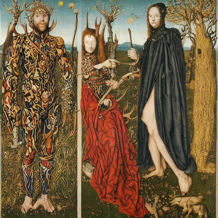 Prompt: a wide landscape with a tattood priestess with animal stripes and antlers transforming into a tree while the stars shine above like flower by jan van eyck, ernst fuchs, nicholas kalmakoff, joep hommerson, character, full body, catsuit, max ernst, hans holbein, lace