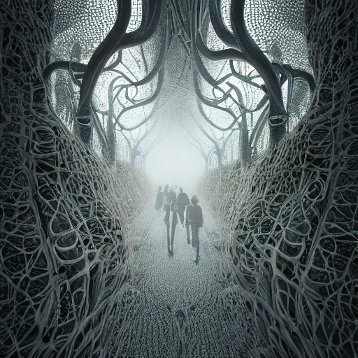 Image similar to biocomputer human organ inside a neural network made like antique lace in a biomechanical cave forest, intricate environment, matte painting, diffused lighting, highly detailed cinematic, atmosphere, diffused lighting, highly detailed digital art, trending on artstation, depth of field, wide angle