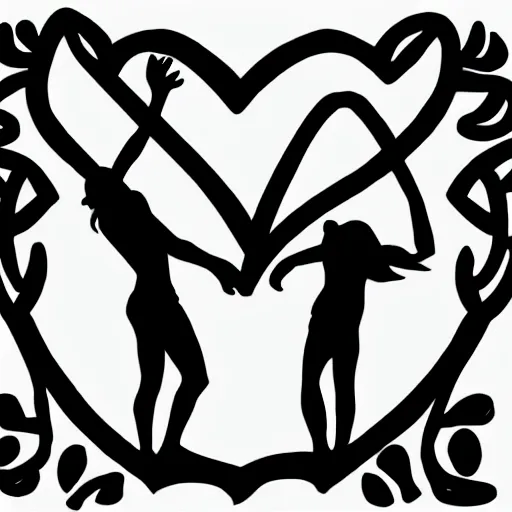 Image similar to clean black and white print on white paper, high contrast, logo of stylized gymnast silhouette forming a symmetric heart