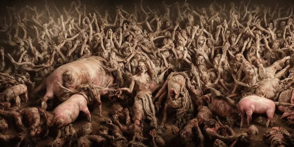 Image similar to a highly detailed realistic photographic render of swarm of corpses worshipping a severed head of a pig with crown of thorns , dead souls, religious sculpture, creepy, cinematic lighting, cinematic scene, Volumetric lighting, Atmospheric scene, Dark, Horror, Atmospheric lighting, Global illumination, realistic, photo realism, hyper realistic, hyper realism, photo realisitc, cinematic render, film, beautifully lit, ray traced, octane 3D render, octane render, unreal engine