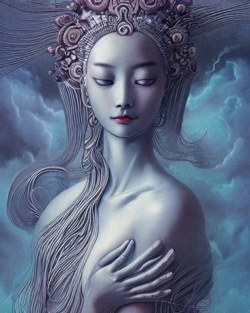 Prompt: a award winning illustration of a goddess formed by chinese flowing clouds by james jean, coated in nebula in the style of zdzisław beksinski / h. r. giger trending on artstation deviantart pinterest hyper detailed photorealistic highlights and shadow hd 8 k post - processing high resolution