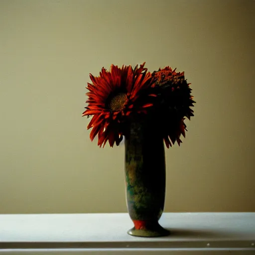 Prompt: medium shot photo of a vase on a table, pentax k1000