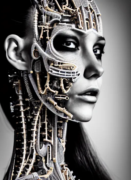 Image similar to a stunning young female cyborg profile face, face is made intricate tribal bio - mechanical, editorial photography, bw, shot on 7 0 mm, depth of field, f / 2. 8, high contrast, 1 6 k, rays of shimmering light, volumetric lighting, shiny, insanely detailed and intricate, hypermaximalist, elegant, ornate, hyper realistic, super detailed