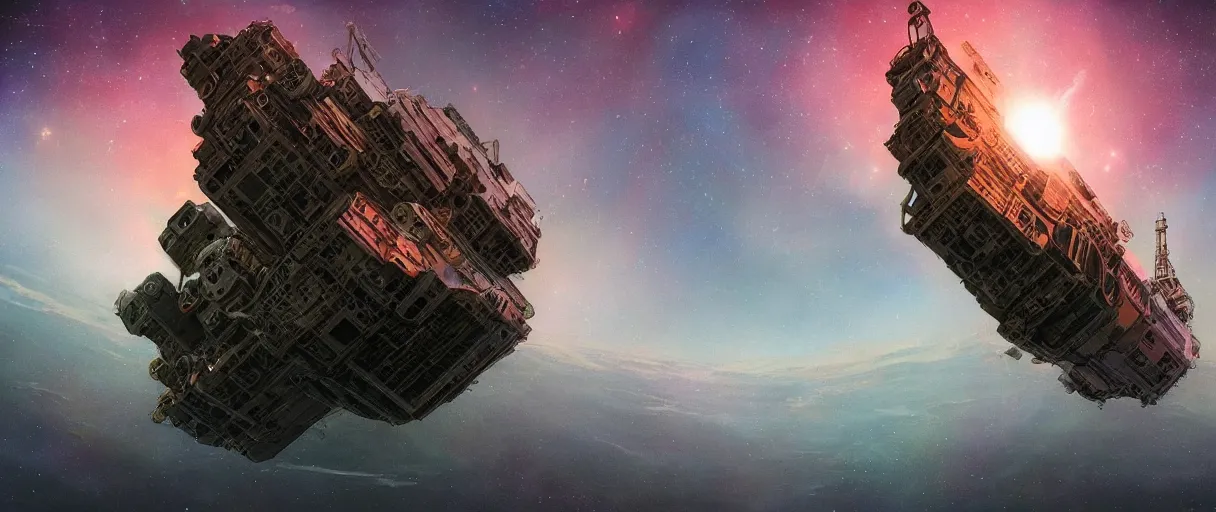 Prompt: tiny spaceship!!, deep space exploration!!!, flying, ridley scott universe, industrial design, the final frontier, illustrative!!, punk, space pirate, painterly, hyperdetailed, hyperrealistic, utilitarian cargo ship, cinematic lighting, 4k, wide angle, beksinski, (neon colors)