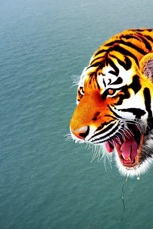 Image similar to realistic hairy tiger. the tiger is suspended by a large balloon parachute. the parachute is open. the tiger is is the middle of the air. the tiger is jumping from a mountain cliff. photo captured by a drone. wide angles lens. epic