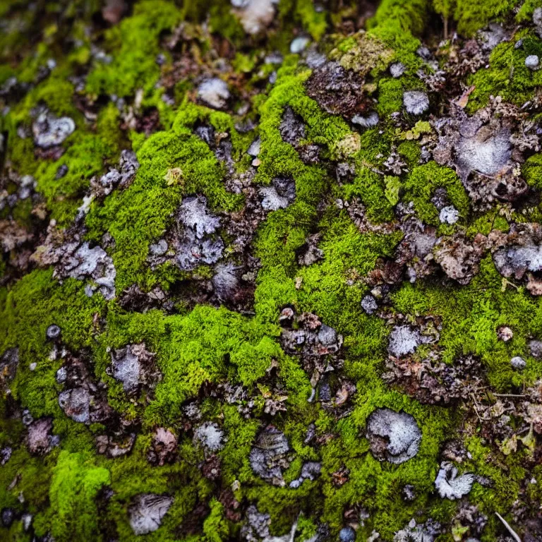 Image similar to a drawn picture lichens and moss close-up various fungus, mushrooms and plants, Atmospheric phenomenon, artistic photography, muted colors, conceptual, long exposure outside the city