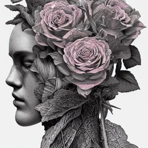 Image similar to the anatomy of a head of lettuce with roses that resemble a beautiful woman, an ultrafine detailed painting by james jean, intricate linework, bright colors, final fantasy, behance contest winner, vanitas, angular, altermodern, unreal engine 5 highly rendered, global illumination, radiant light, detailed and intricate environment