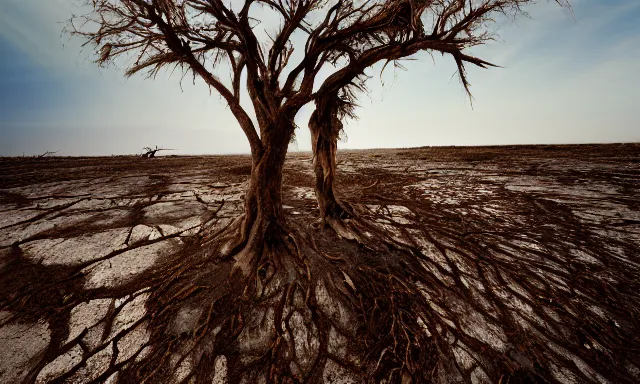 Image similar to medium shot of a nondescript crying ancient dried up Danu, peaceful, facing the camera and standing in front of a dried up river in a desolate land, dead trees, blue sky, hot and sunny, highly-detailed, elegant, dramatic lighting, artstation, 4k, cinematic landscape, photograph by Elisabeth Gadd