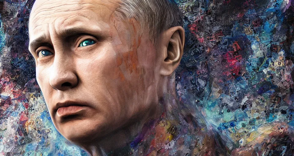 Image similar to hyperrealistic mixed media portrait of a sad Vladimir Putin forward angle, stunning 3d render inspired art by P. Craig Russell and Barry Windsor-Smith + perfect facial symmetry + dim volumetric lighting, 8k octane beautifully detailed render, post-processing, extremely hyperdetailed, intricate complexity, epic composition, grim yet sparkling atmosphere, cinematic lighting + masterpiece, trending on artstation