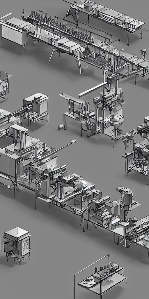 Image similar to concept art, industrial synthetic food production line.