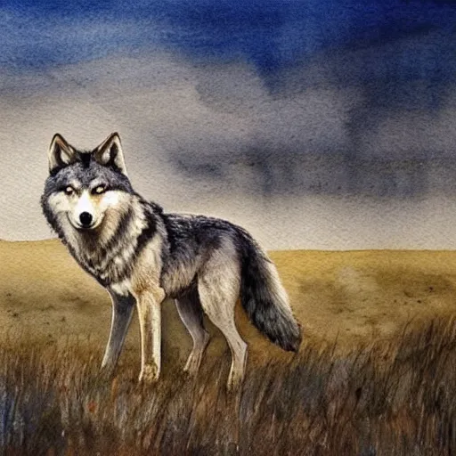 Prompt: wolf in a beautiful natural scene. heath, sand dune, dry grass and trees. beautiful light, dramatic clouds. soft colour scheme. beautiful artistic detailed watercolor by vincent.