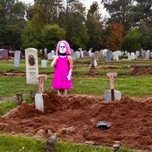 Image similar to A girl digs a grave to bury a creepy dead clown, dramatic, horror
